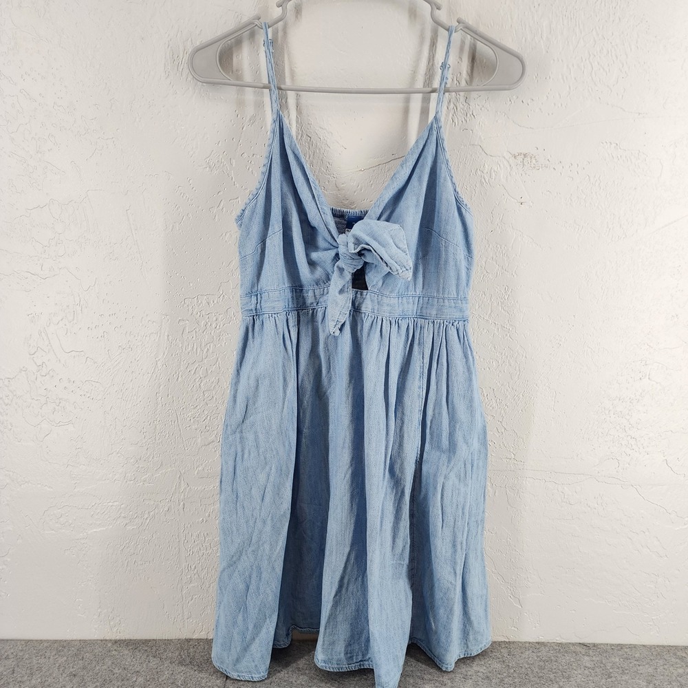 Old Navy Blue Chambray Tie Front Smocked Back Mini Sun Dress Womens Medium